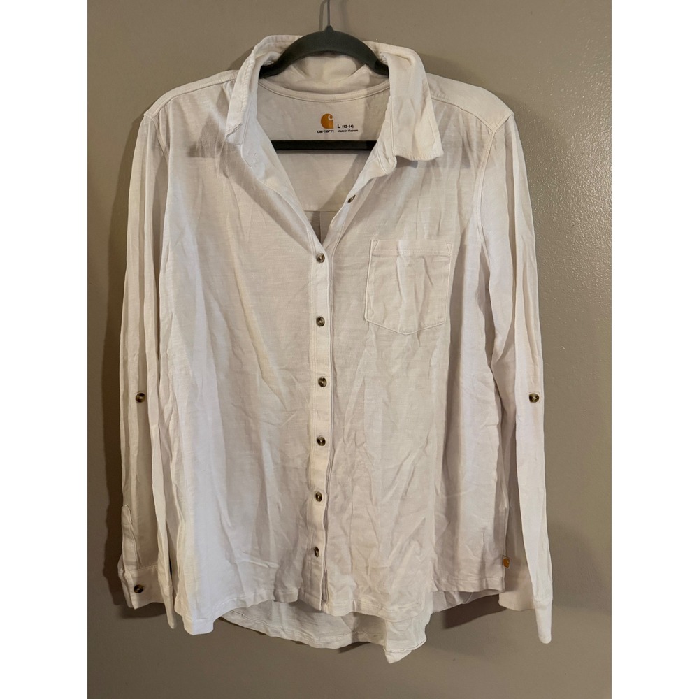 Carhartt Womens White Roll Tab Long Sleeve Button Down Shirt Large 12-14